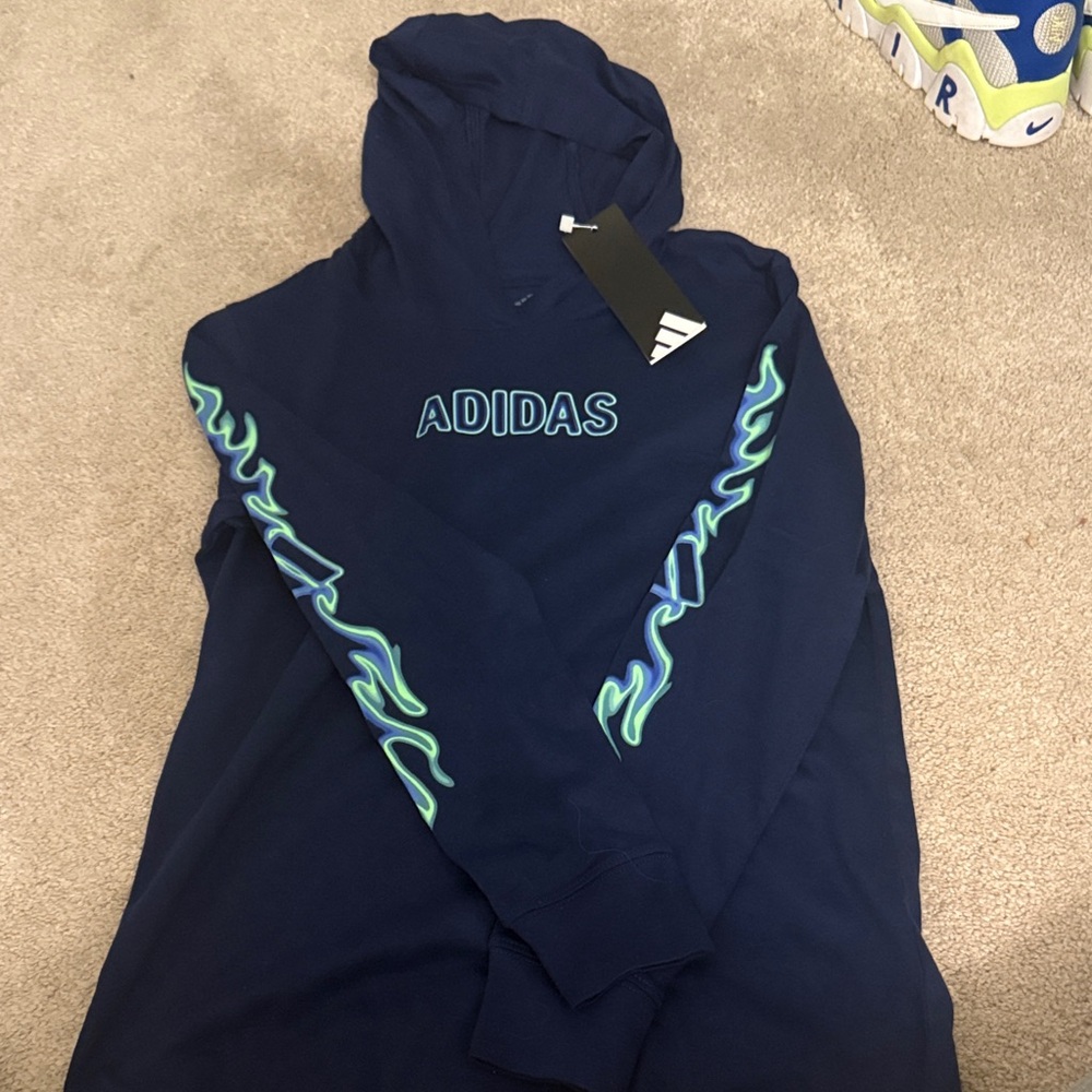 Adidas Dark Blue Hoodie with Green Flame Accents
